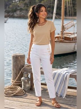 🌟B783. Elegant Stylish High Rise White Sailor Pants with Gold Buttons